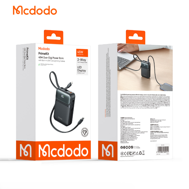 Mcdodo MC-993 45W PrimeKit Duo-Digi Power Bank With Built-in Dual Cable 20000mAh