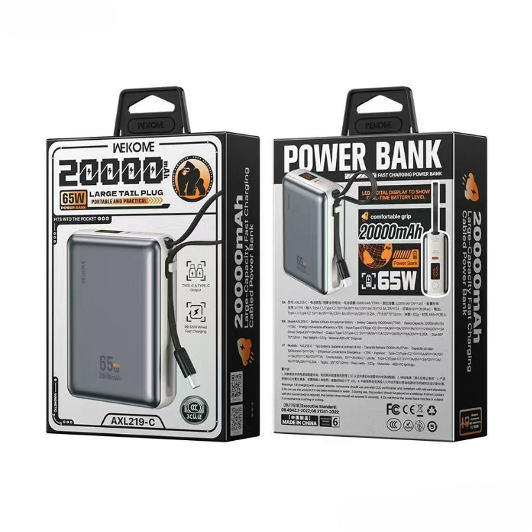 Wekome AXL219-C 65W Fast Charging Power Bank with Built in Type-C Cable 20000mAh