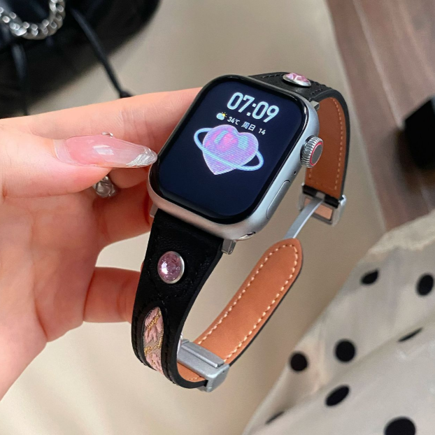 Magnetic Buckle Embroidered Leather Band for Apple Watch