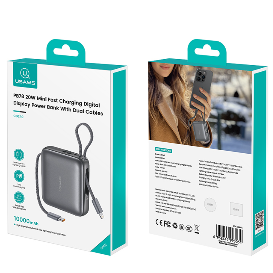 USAMS T179LF 20W Fast Charging Power Bank with dual cables 10000mAh